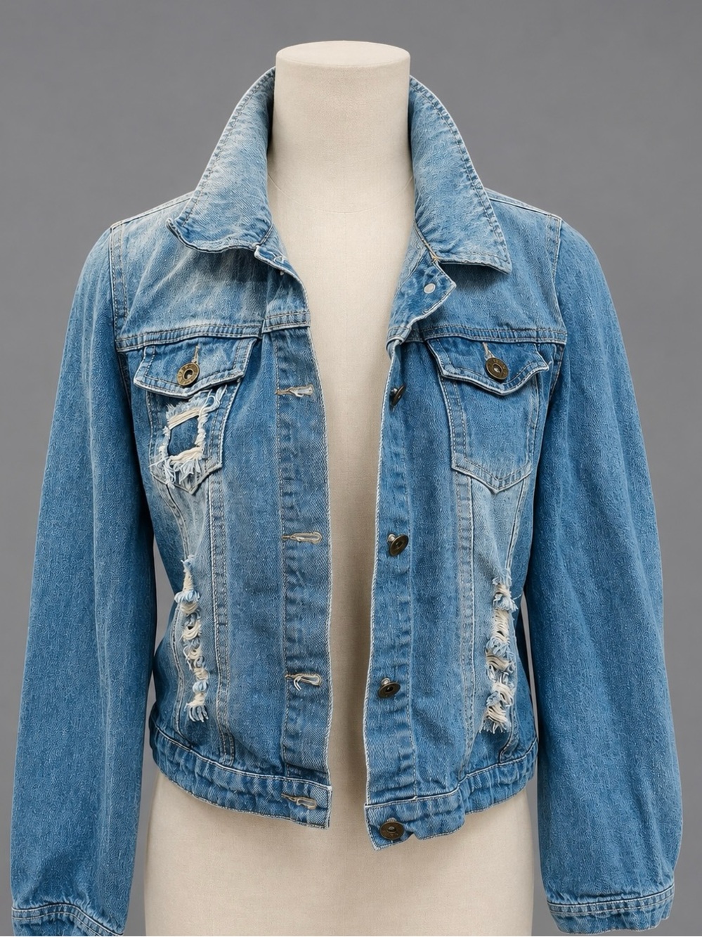 Factory destroyed blue denim Jean jacket size S/M